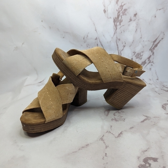 Toms Sandal Womens 9 Platform Ibiza Slingback Heels Shoe Brown Tan Suede Cross - Picture 1 of 13